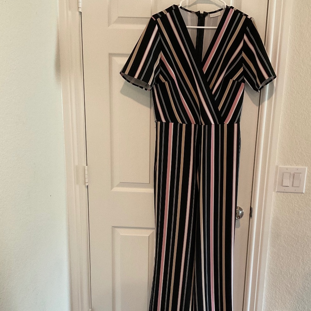 Striped green pink white and black jumpsuit